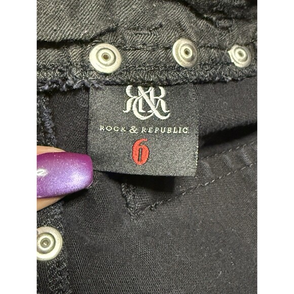 Rock & Republic Jean Shorts 6 Black Distressed Studded Festival Goth Grunge - Picture 8 of 9